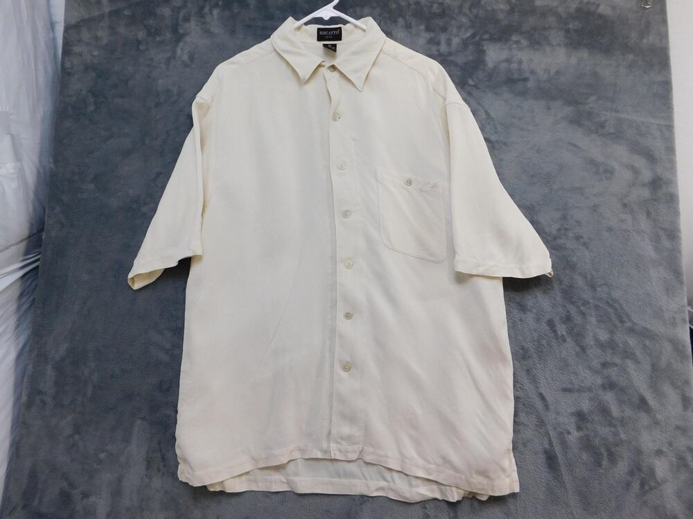 Riscatto Shirt Mens XL White 100% Silk Solid Short Sleeve Button Front Casual